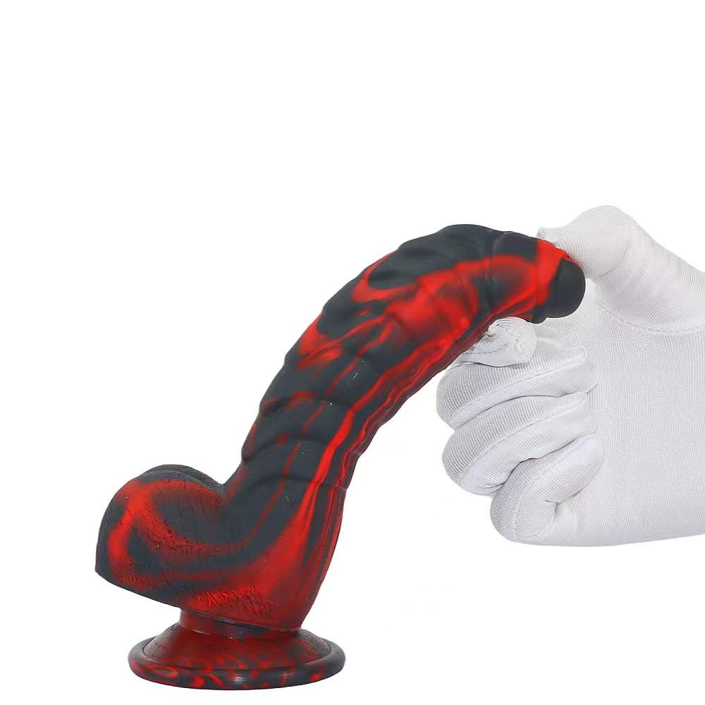 Sex Toys: Black and Red Unicorn-Printed Silicone Dildo in a Caterpillar Shape