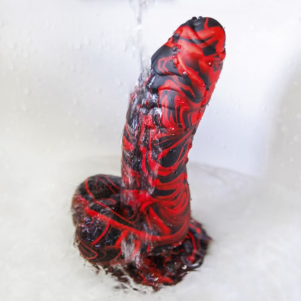 Sex Toys: Black and Red Unicorn-Printed Silicone Dildo in a Caterpillar Shape image 2
